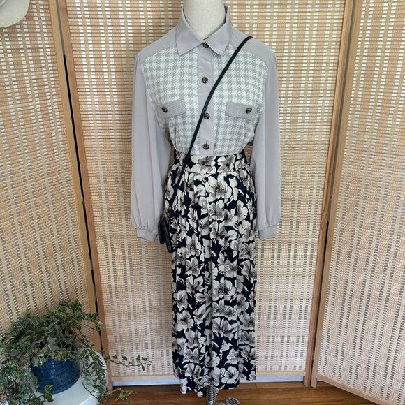 Vintage Floral Pleated Midi Skirt Navy Blue & Cream High-Waist A-Line - Picture 2 of 8